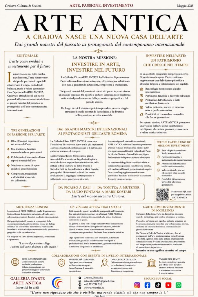 Poster titled ARTE ANTICA with the subtitle 'A CRAIOVA NASCE UNA NUOVA CASA DELL’ARTE', featuring editorial, mission, and investment sections in Italian, decorative borders, and a QR code in the lower right.