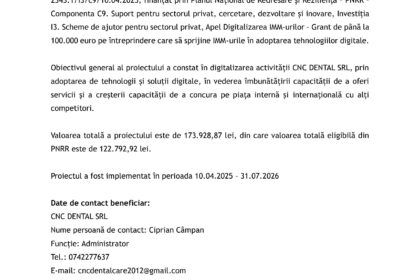 Romanian press release page with logos at top and body starting 'COMUNICAT DE PRESĂ' about finalizing a CNC DENTAL project (July 2026).