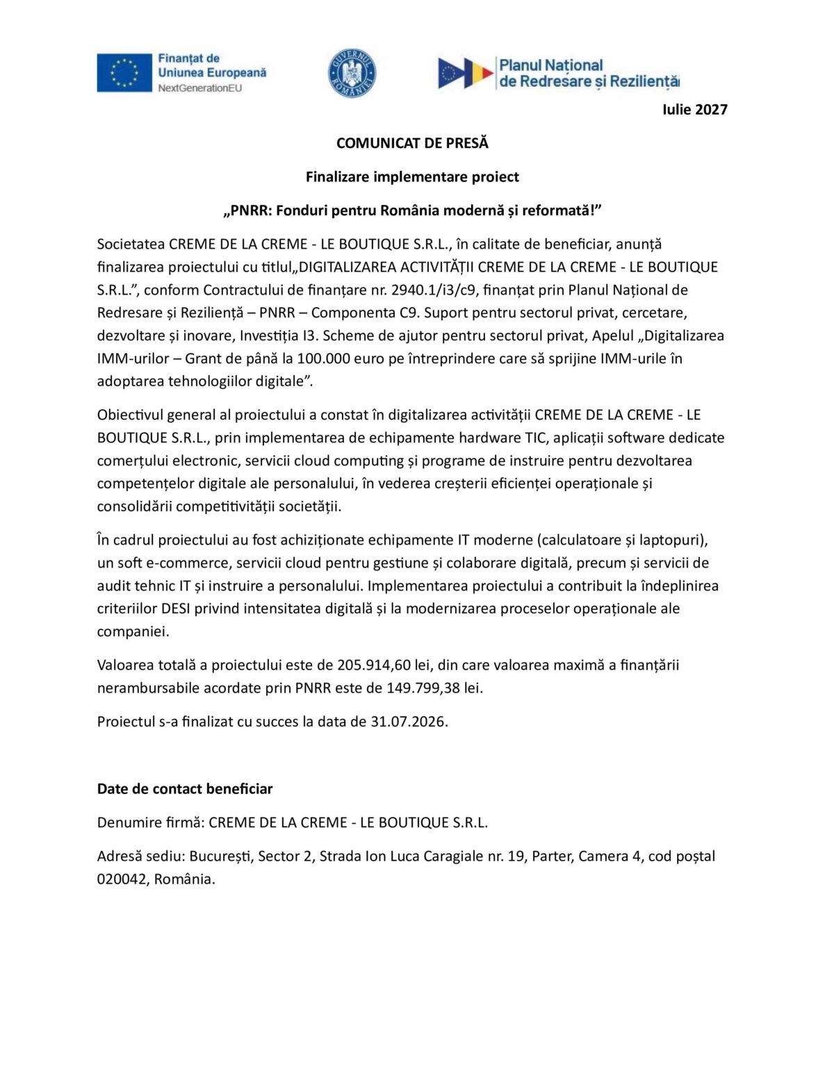 Header with EU and Romanian logos and the Romanian press release starting with 'COMUNICAT DE PRESĂ' about finalizing a project.