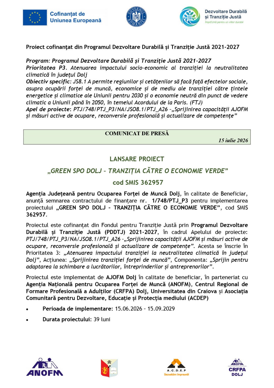 Header of a project press release with EU and partner logos (Cofinanțat de Uniunea Europeană, Romanian institutions) and bold Romanian text about a 2021-2027 development program, plus a green banner 'COMUNICAT DE PRESĂ' and project title 'GREEN SPO DOLJ...'.