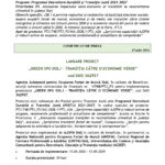 Header of a project press release with EU and partner logos (Cofinanțat de Uniunea Europeană, Romanian institutions) and bold Romanian text about a 2021-2027 development program, plus a green banner 'COMUNICAT DE PRESĂ' and project title 'GREEN SPO DOLJ...'.