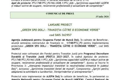 Header of a project press release with EU and partner logos (Cofinanțat de Uniunea Europeană, Romanian institutions) and bold Romanian text about a 2021-2027 development program, plus a green banner 'COMUNICAT DE PRESĂ' and project title 'GREEN SPO DOLJ...'.