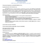 Header of a Romanian press release with EU and government logos, date July 2026, title 'Comunicat de presă' and subtitle 'Anunț finalizare proiect'