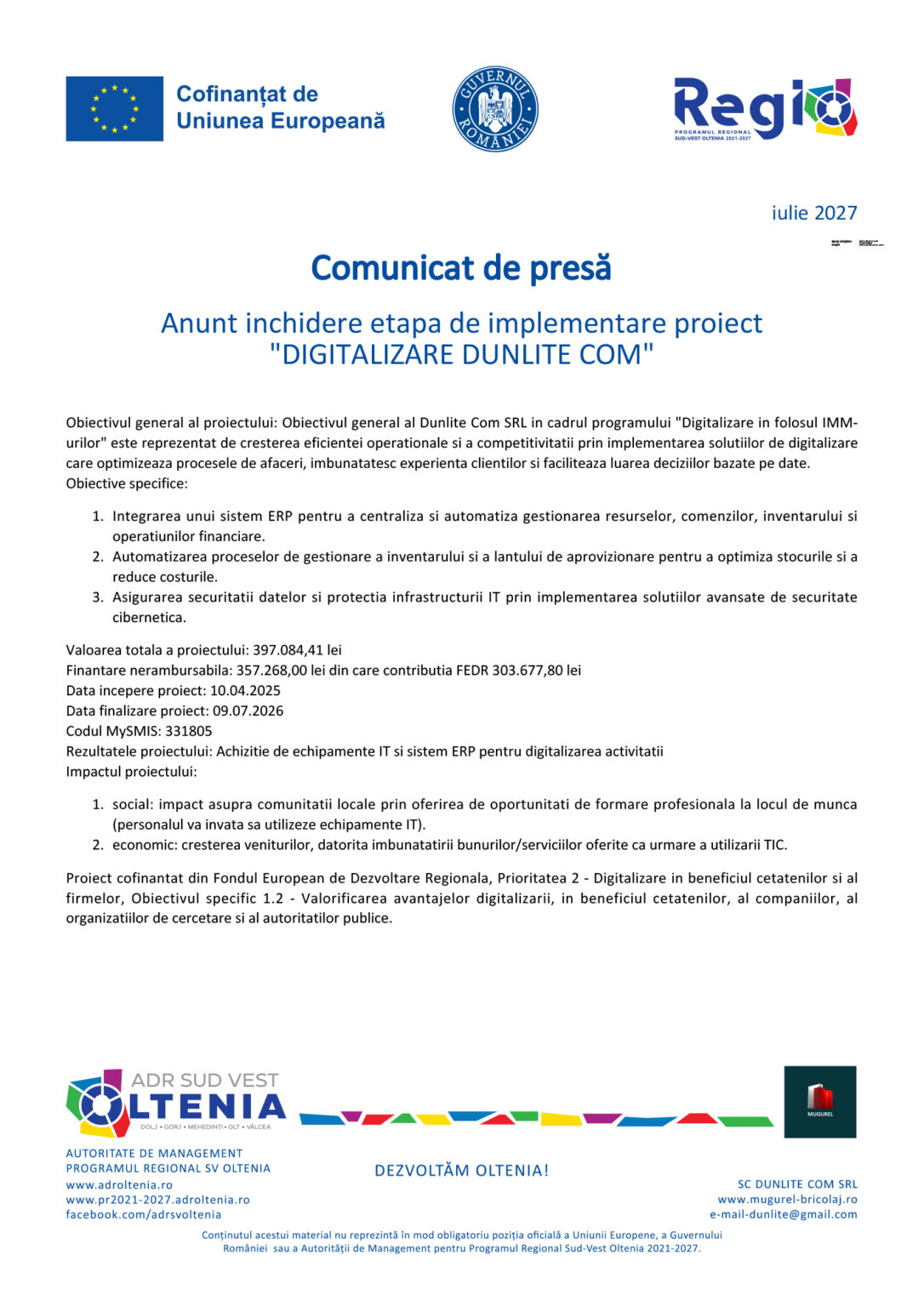 Press release page header with EU and Romanian logos and the title 'Comunicat de presă' announcing the project phase closure ('DIGITALIZARE DUNLITE COM').
