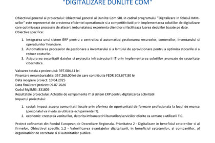 Press release page header with EU and Romanian logos and the title 'Comunicat de presă' announcing the project phase closure ('DIGITALIZARE DUNLITE COM').