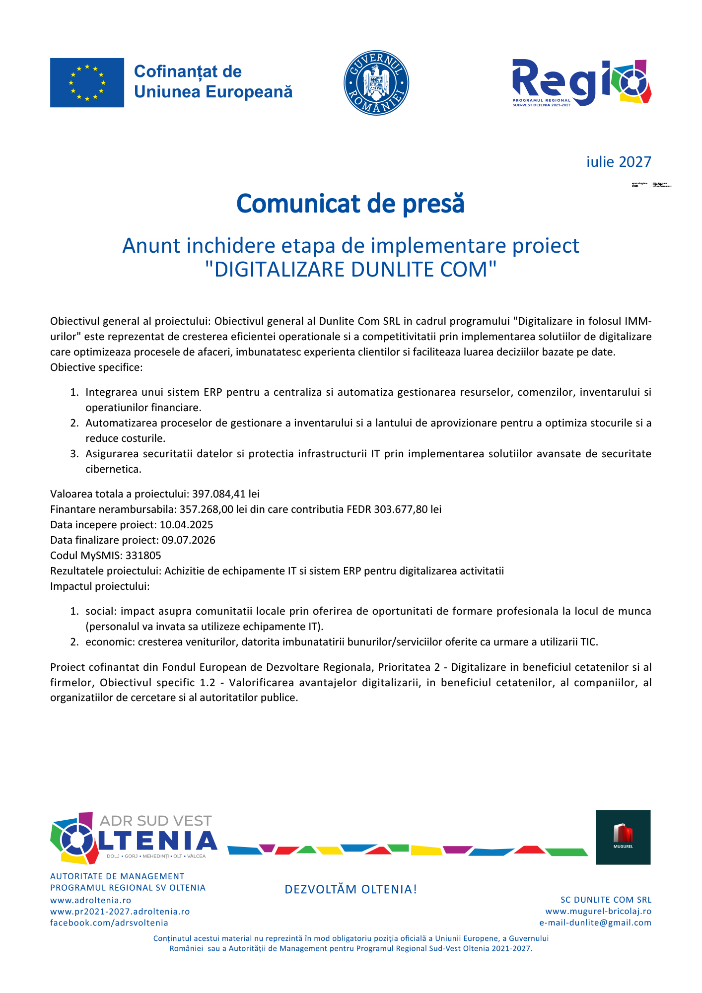Press release page header with EU and Romanian logos and the title 'Comunicat de presă' announcing the project phase closure ('DIGITALIZARE DUNLITE COM').