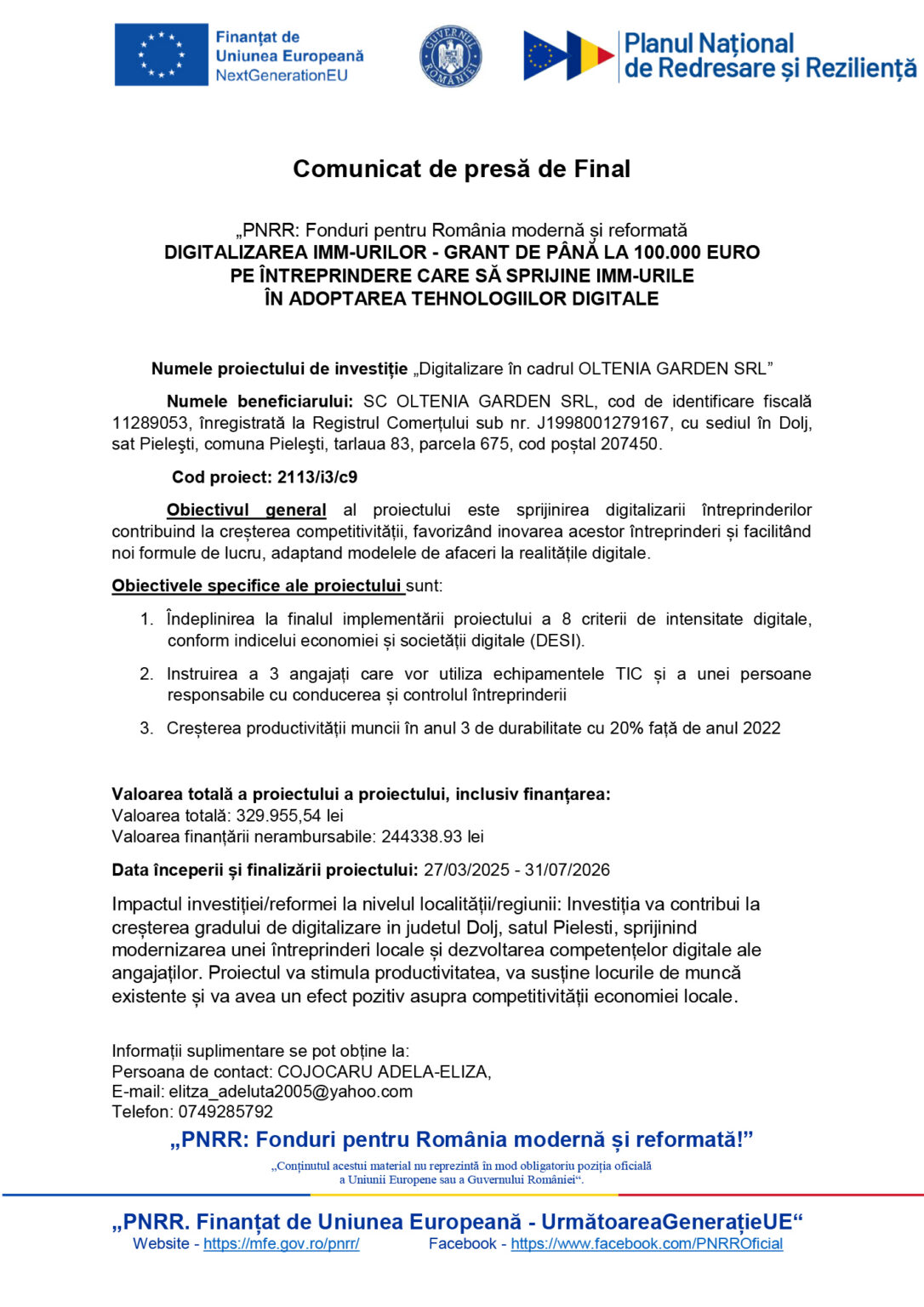 Comunicat de presă OLTENIA GARDEN SRL 1 1 - Jurnalul Olteniei – Știri din Craiova și Oltenia Header with EU and Romanian logos and the Romanian government banner, followed by the bold title 'Comunicat de presă de Final' and a block of text about a grant for digitalization of SMEs.