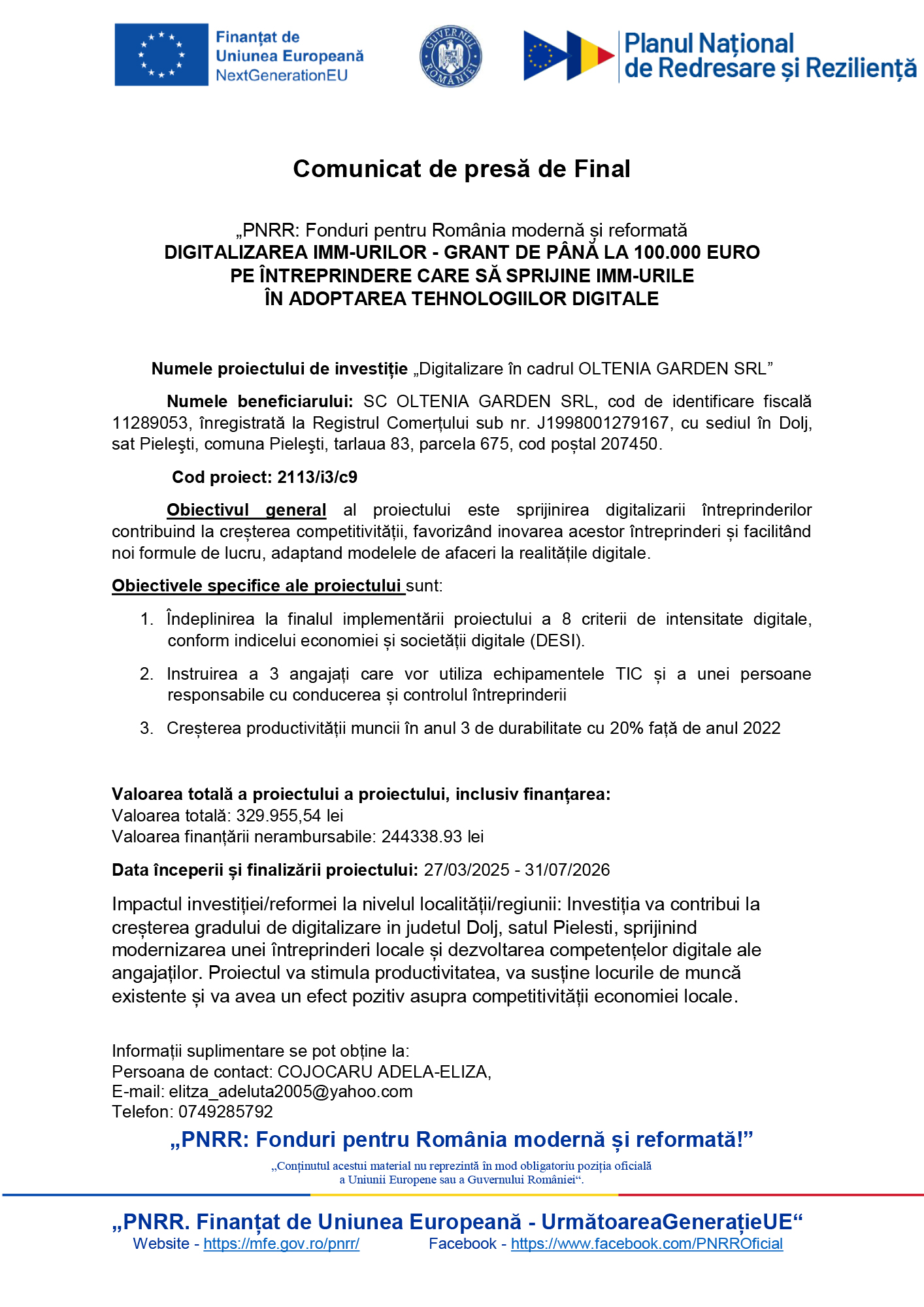 Header with EU and Romanian logos and the Romanian government banner, followed by the bold title 'Comunicat de presă de Final' and a block of text about a grant for digitalization of SMEs.