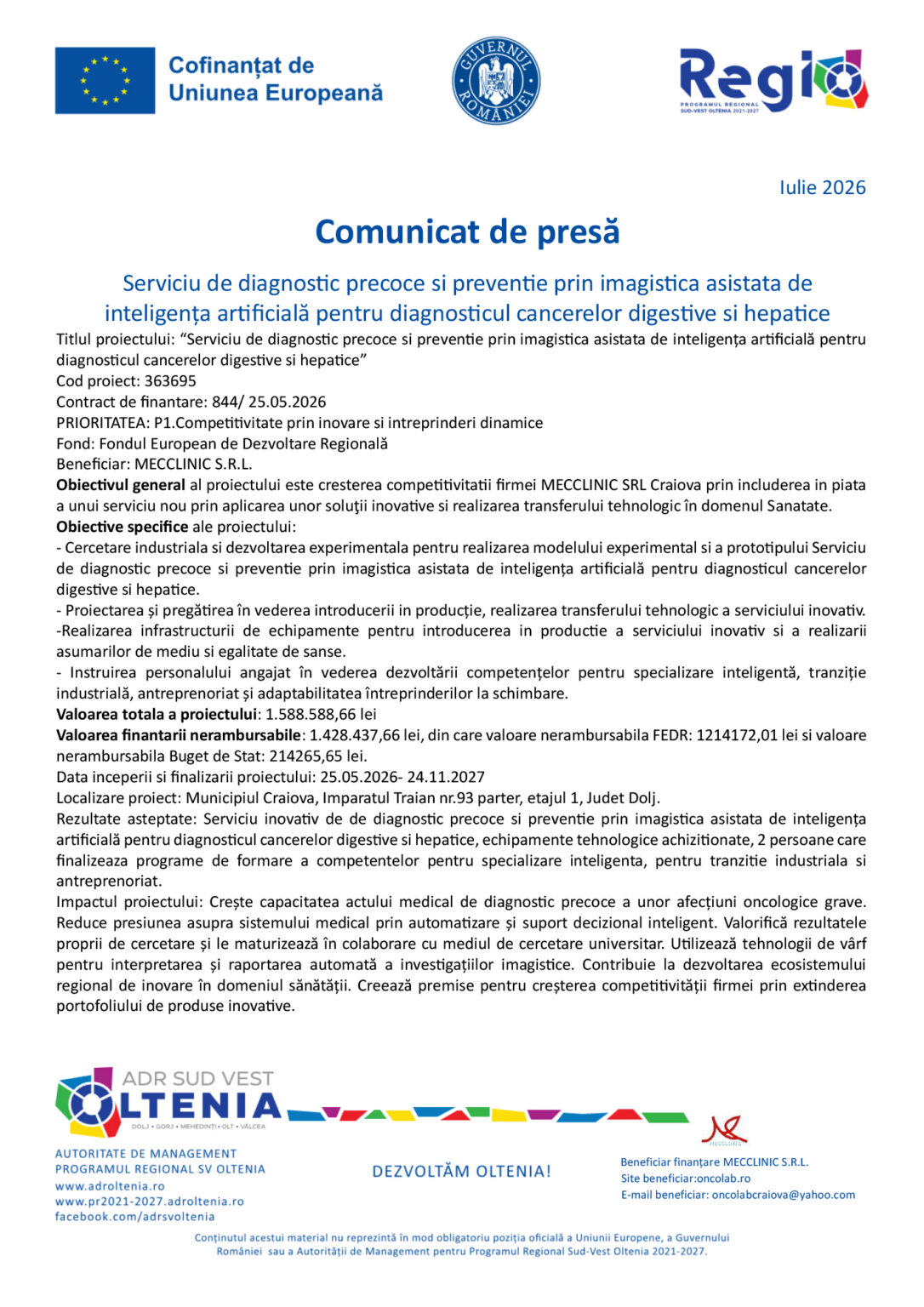 Press release header with EU flag, Romanian government seal, Regio logo and 'Comunicat de presă' title.