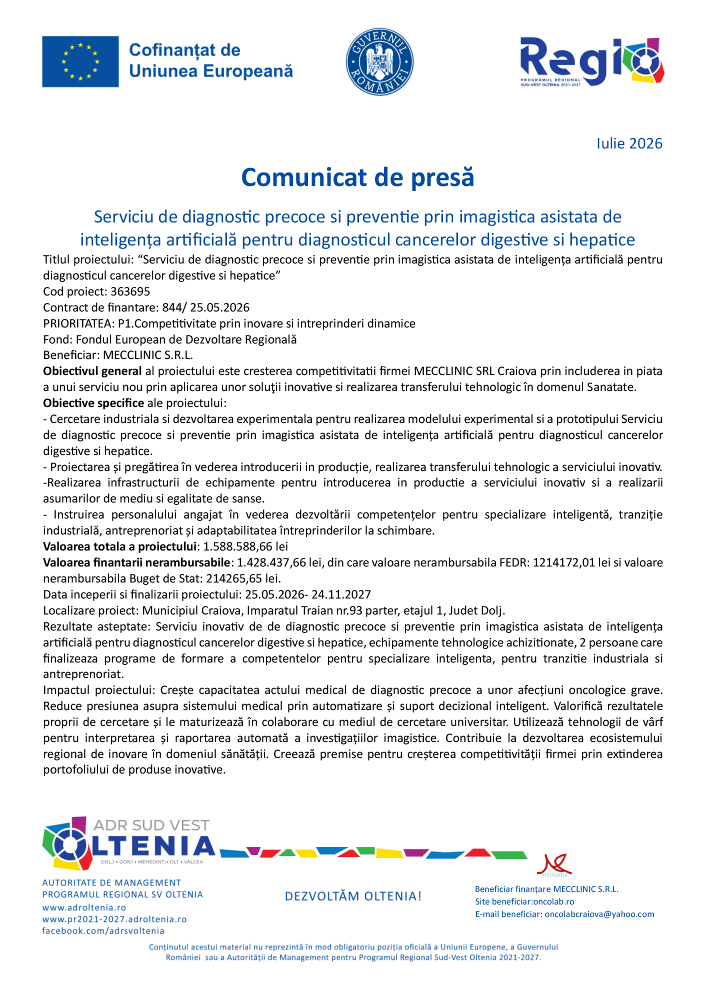 Press release header with EU flag, Romanian government seal, Regio logo and 'Comunicat de presă' title.