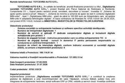 Press release header with EU and Romanian logos, title Comunicat de presă announcing project completion: Digitalizarea societății TOTCECVERI AUTO S.R.L.