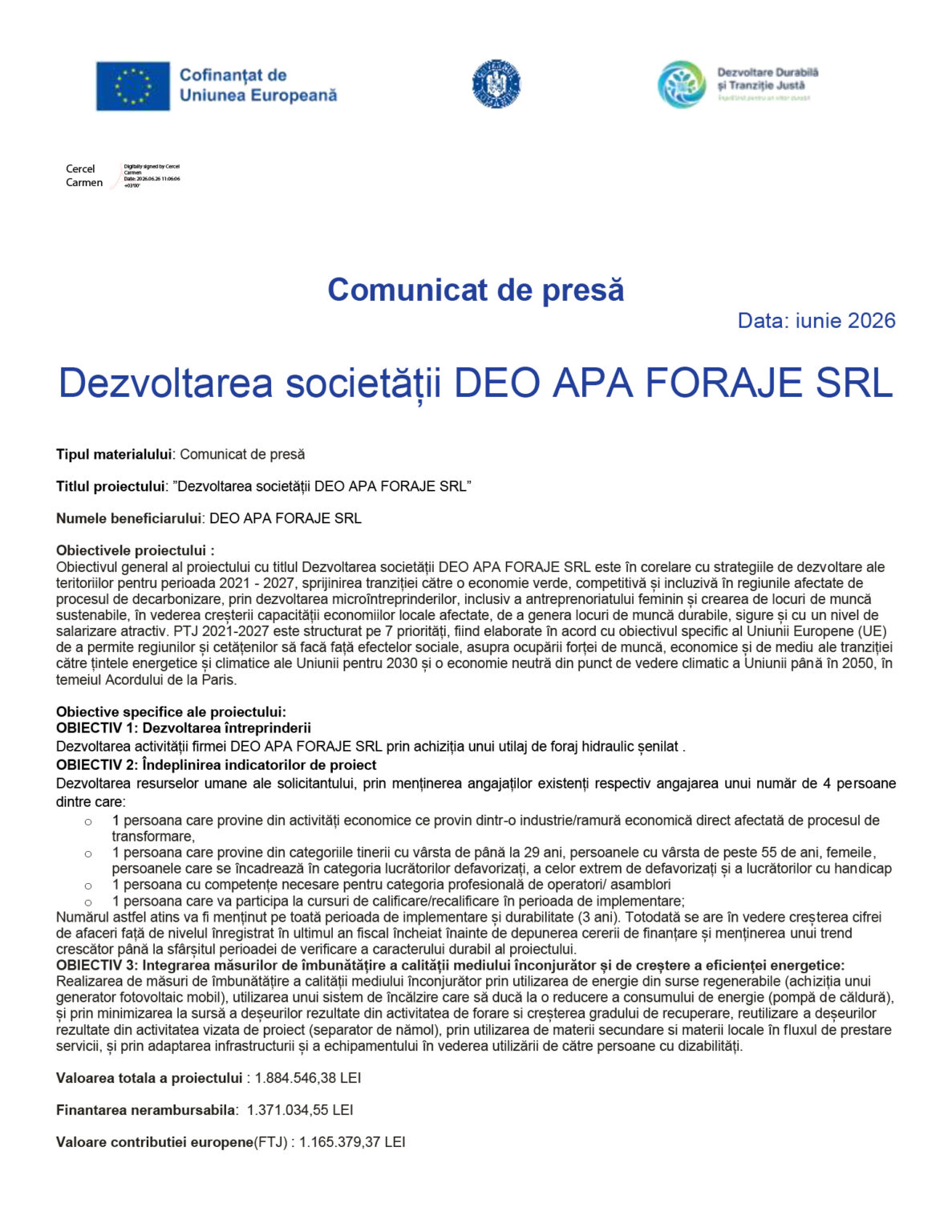 Comunicat de presa incepere proiect-1 - Jurnalul Olteniei – Știri din Craiova și Oltenia