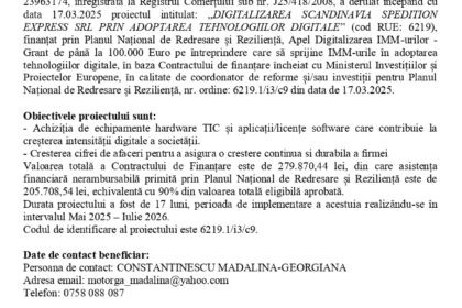 Official press release page with EU and Romanian logos and Romanian text announcing the digitalization project for Scandinvavia Express Spedition SRL.
