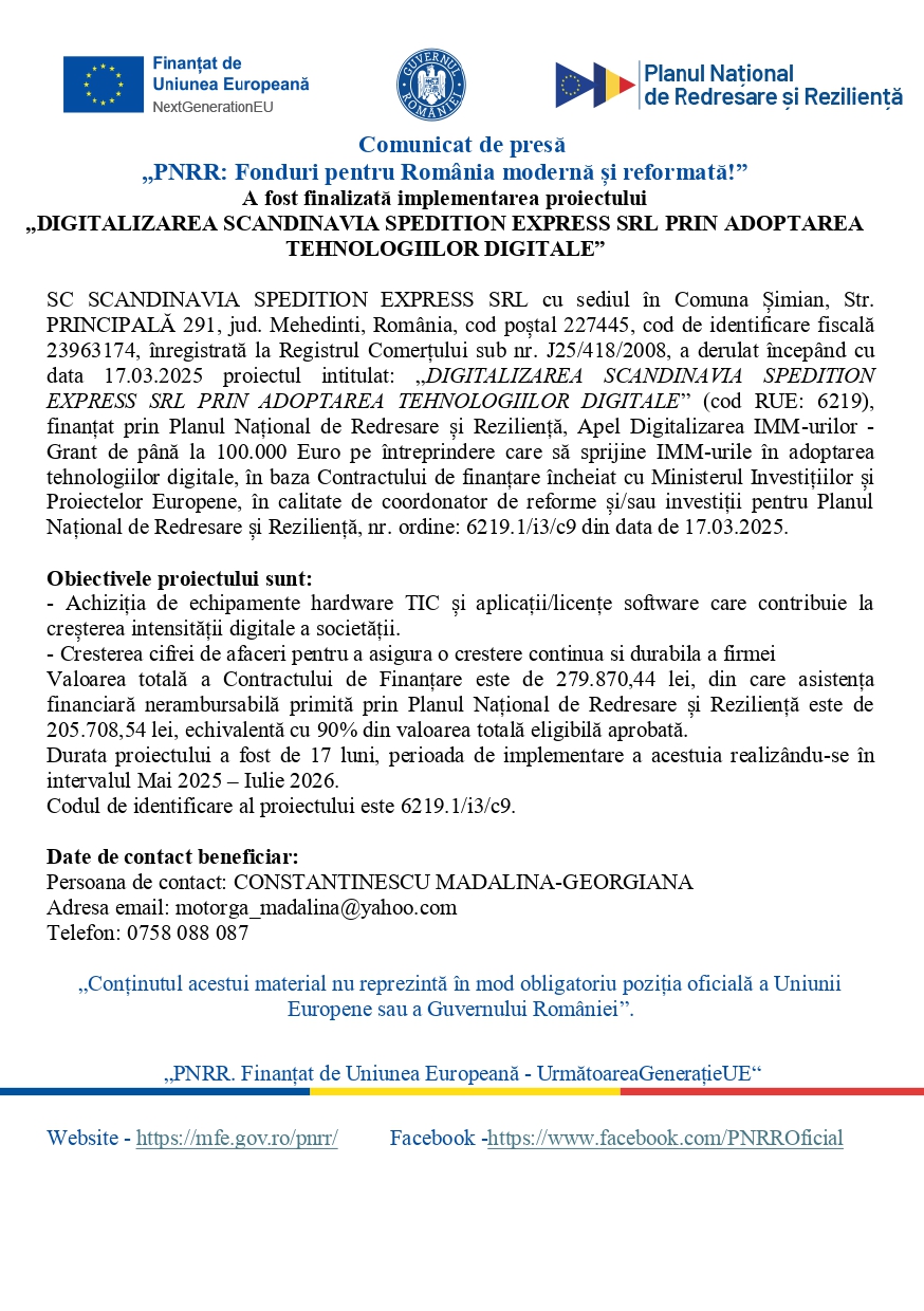 Official press release page with EU and Romanian logos and Romanian text announcing the digitalization project for Scandinvavia Express Spedition SRL.
