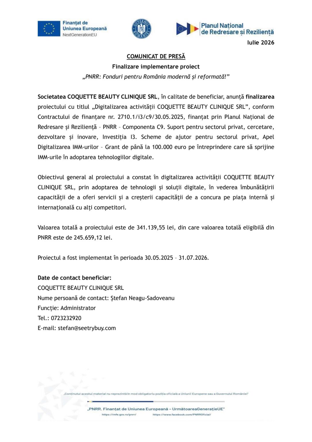 Comunicat_finalizare_COQUETTE - Jurnalul Olteniei – Știri din Craiova și Oltenia Official press release header with EU funds and Romanian logos, announcing project completion for COQUETTE BEAUTY CLINIQUE SRL and contact details included in Romanian text.