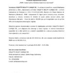 Official press release header with EU funds and Romanian logos, announcing project completion for COQUETTE BEAUTY CLINIQUE SRL and contact details included in Romanian text.