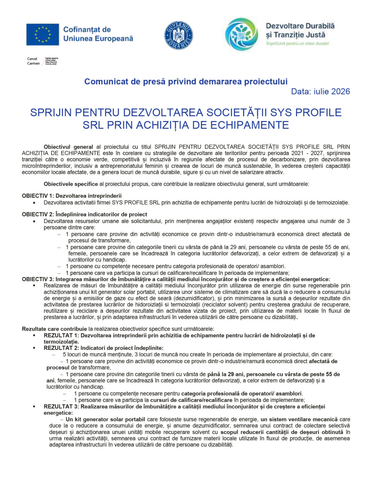 Comunicat+de+presa+incepere+proiect+-+varianta+avizata 1-1 - Jurnalul Olteniei – Știri din Craiova și Oltenia Cover page of a Romanian press release dated July 2026, with EU, university, and sustainability logos and a Romanian title about equipment procurement.
