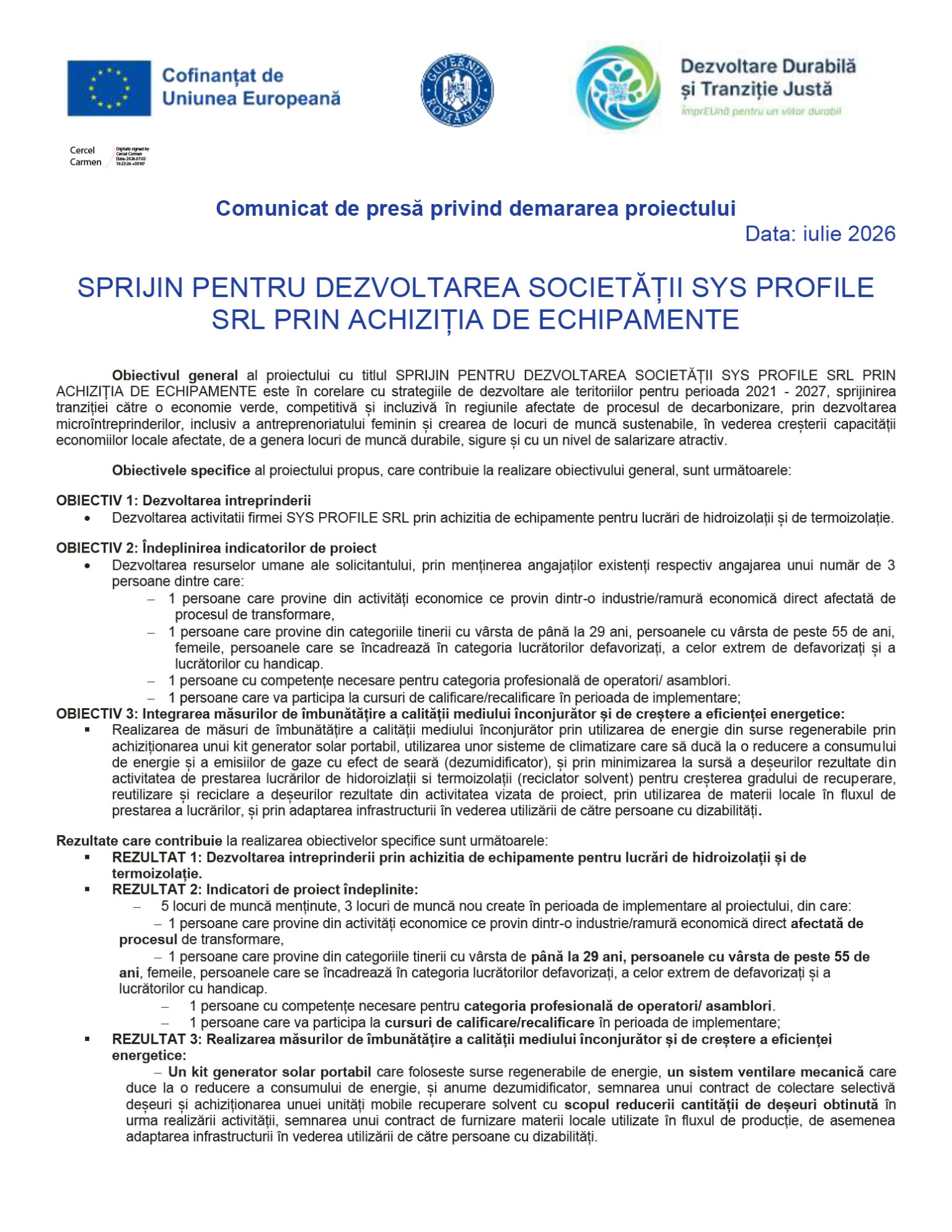 Cover page of a Romanian press release dated July 2026, with EU, university, and sustainability logos and a Romanian title about equipment procurement.