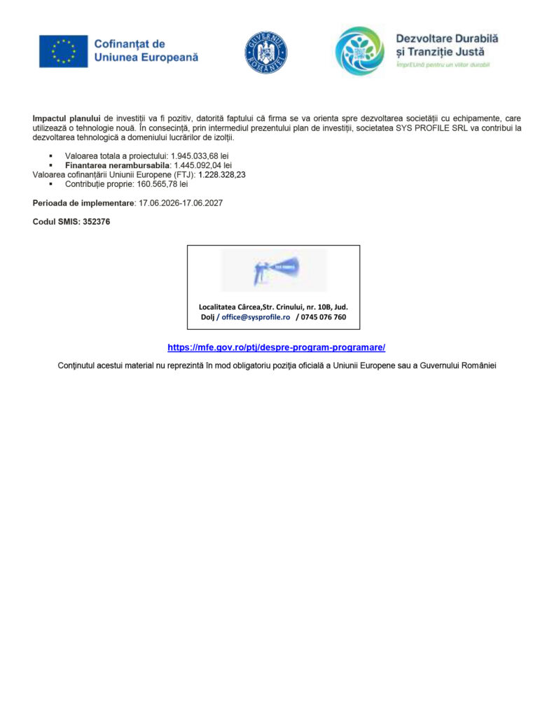Comunicat+de+presa+incepere+proiect+-+varianta+avizata 1-2 - Jurnalul Olteniei – Știri din Craiova și Oltenia Header de document cu trei logo-uri (UE, instituţie) și text despre impactul planului de investiții, finanțare, perioadă de implementare și cod SMIS 352376; include casetă de contact cu adresă.