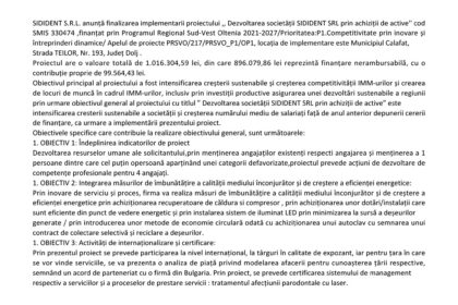 Press release header for SIDIDENT SRL: Development through asset acquisition, with EU and Romanian regional program logos at top and footer links at bottom.