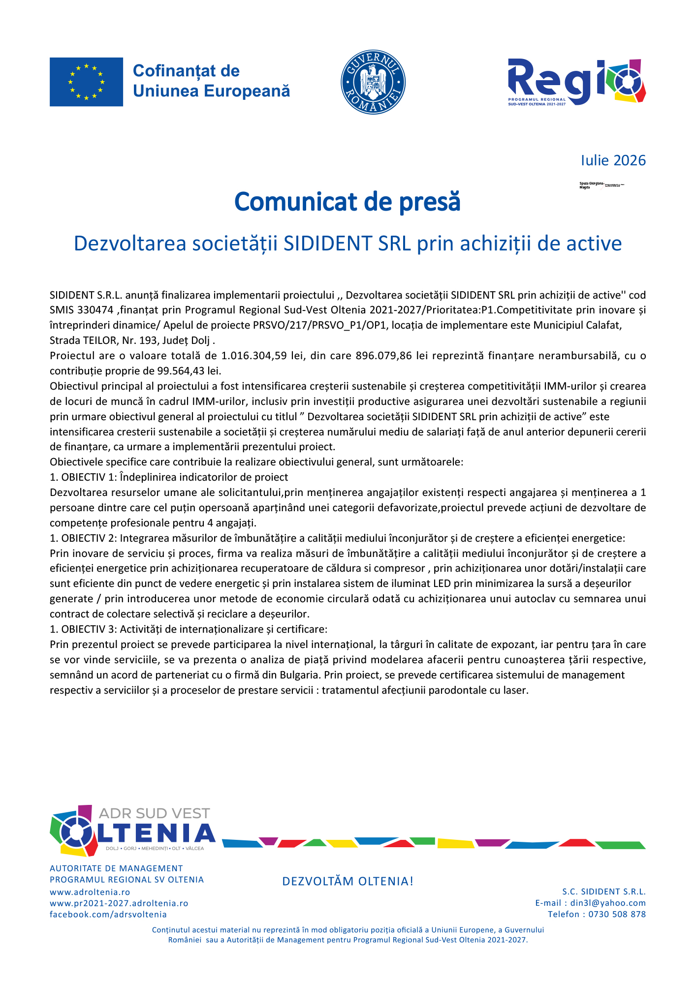 Press release header for SIDIDENT SRL: Development through asset acquisition, with EU and Romanian regional program logos at top and footer links at bottom.