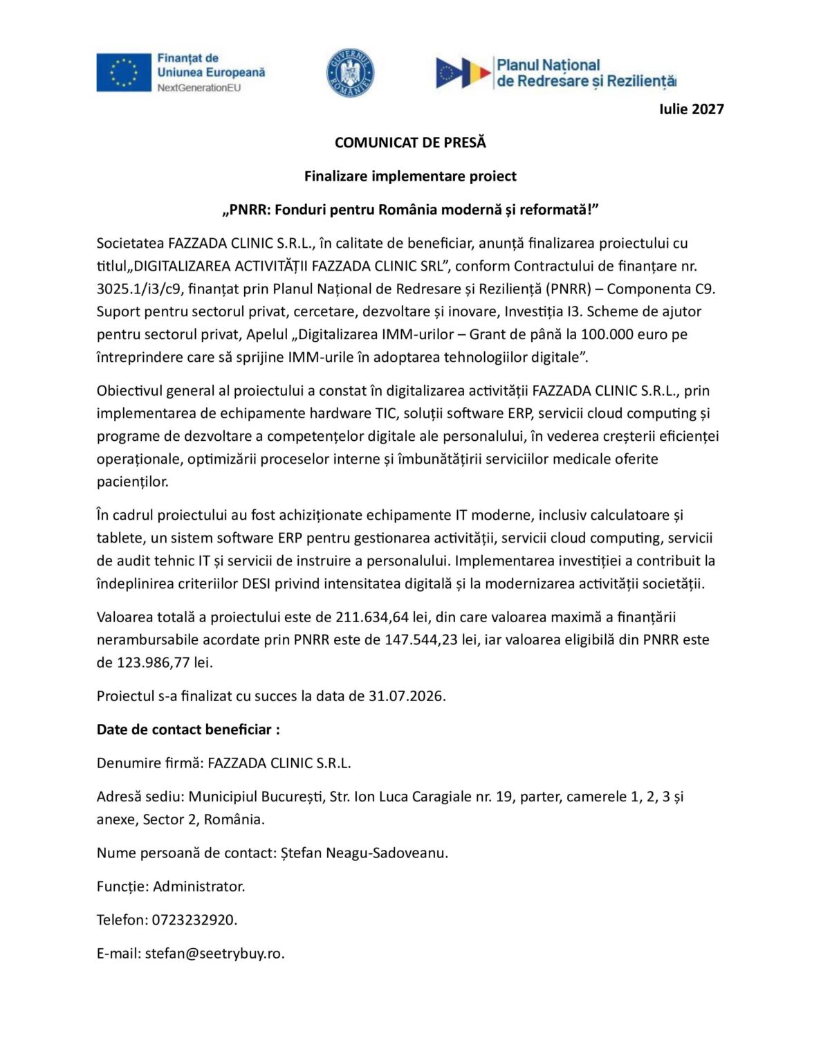 FAZZADA CLINIC_comunicat finalizare proiect - Jurnalul Olteniei – Știri din Craiova și Oltenia Romanian press release page header with logos (EU flag, Romanian government) and bold title 'COMUNICAT DE PRESĂ', dated Iulie 2027, with dense Romanian text below.