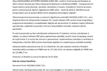 Romanian press release page header with logos (EU flag, Romanian government) and bold title 'COMUNICAT DE PRESĂ', dated Iulie 2027, with dense Romanian text below.
