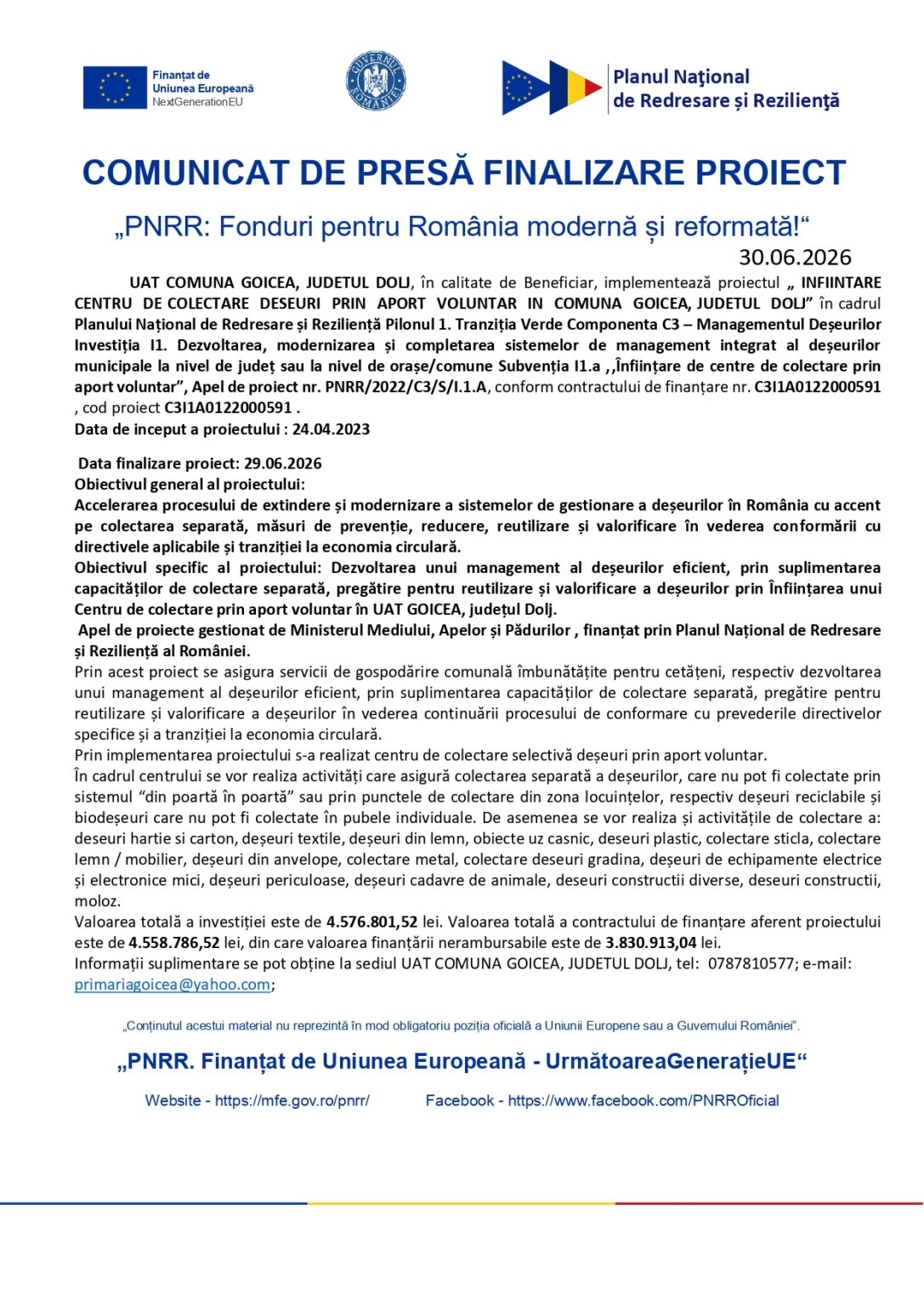 Press release header page with EU funds logos and Romanian government insignia, announcing project completion (Romania, 2026)
