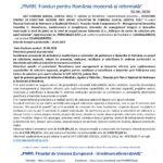 Press release header page with EU funds logos and Romanian government insignia, announcing project completion (Romania, 2026)