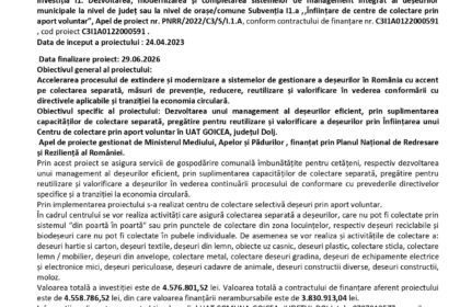 Press release header page with EU funds logos and Romanian government insignia, announcing project completion (Romania, 2026)