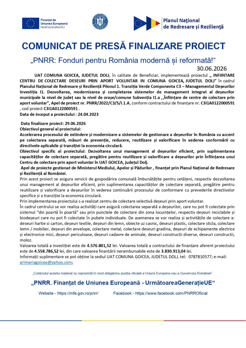 Press release header page with EU funds logos and Romanian government insignia, announcing project completion (Romania, 2026)