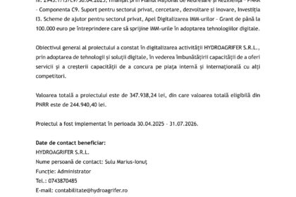 Comunic' de presă cu siglele UE, guvernului român și Planul Național de Redresare; anunțarea finalizării proiectului HYDROAGRIFER S.R.L.