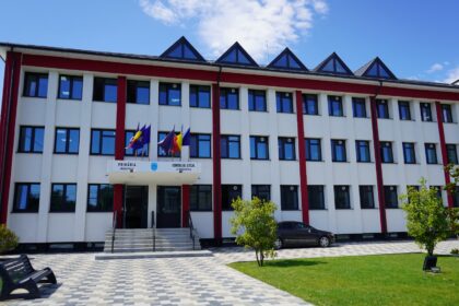 City hall building with white facade and red columns, flags at the entrance and a sign for Primăria/Consiliul Local under a blue sky.