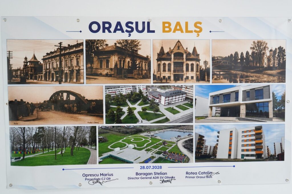 Collage titled 'Orașul Bals' showing historic buildings, a bridge, a park, and modern architecture centerpiece photos.