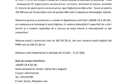 Romanian press release document header with logos, titled 'COMUNICAT DE PRESĂ' about finalizing a PNRR project by JADORE CB & DO SRL, dated July 2026.