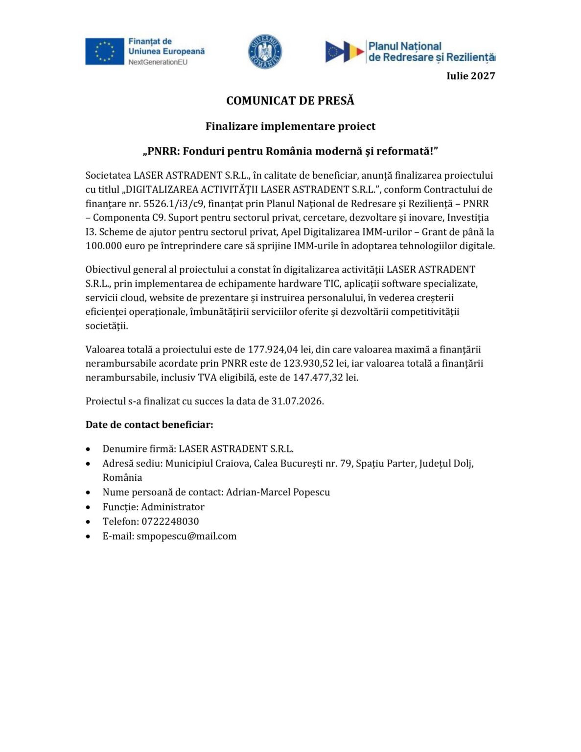 LASER_ASTRADENT_comunicat finalizare proiect - Jurnalul Olteniei – Știri din Craiova și Oltenia Comunicat de presă: finalizare implementare proiect PNRR în România (document cu sigle UE în partea de sus).