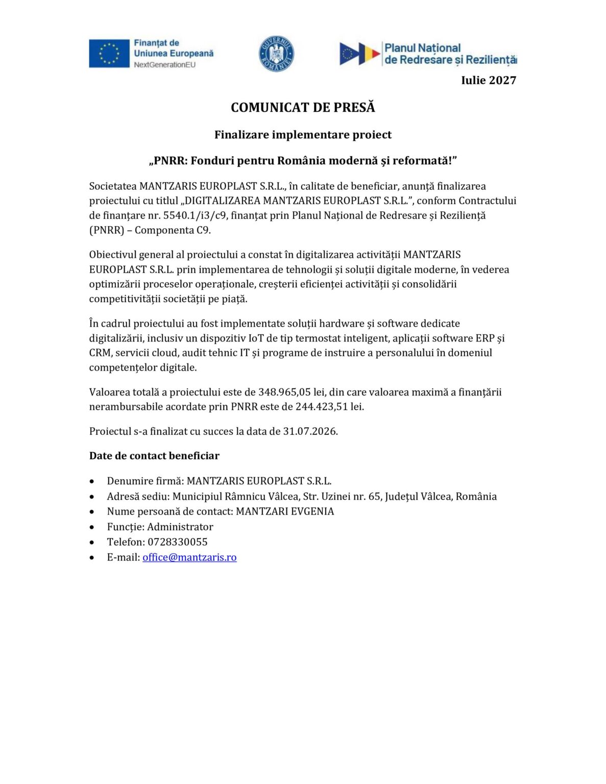 MANTZARIS_EUROPLAST_comunicat finalizare proiect - Jurnalul Olteniei – Știri din Craiova și Oltenia Document page with EU and Romanian logos, title 'COMUNICAT DE PRESĂ', and body text about finalization of a project and contact details (Romanian).