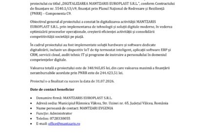 Document page with EU and Romanian logos, title 'COMUNICAT DE PRESĂ', and body text about finalization of a project and contact details (Romanian).
