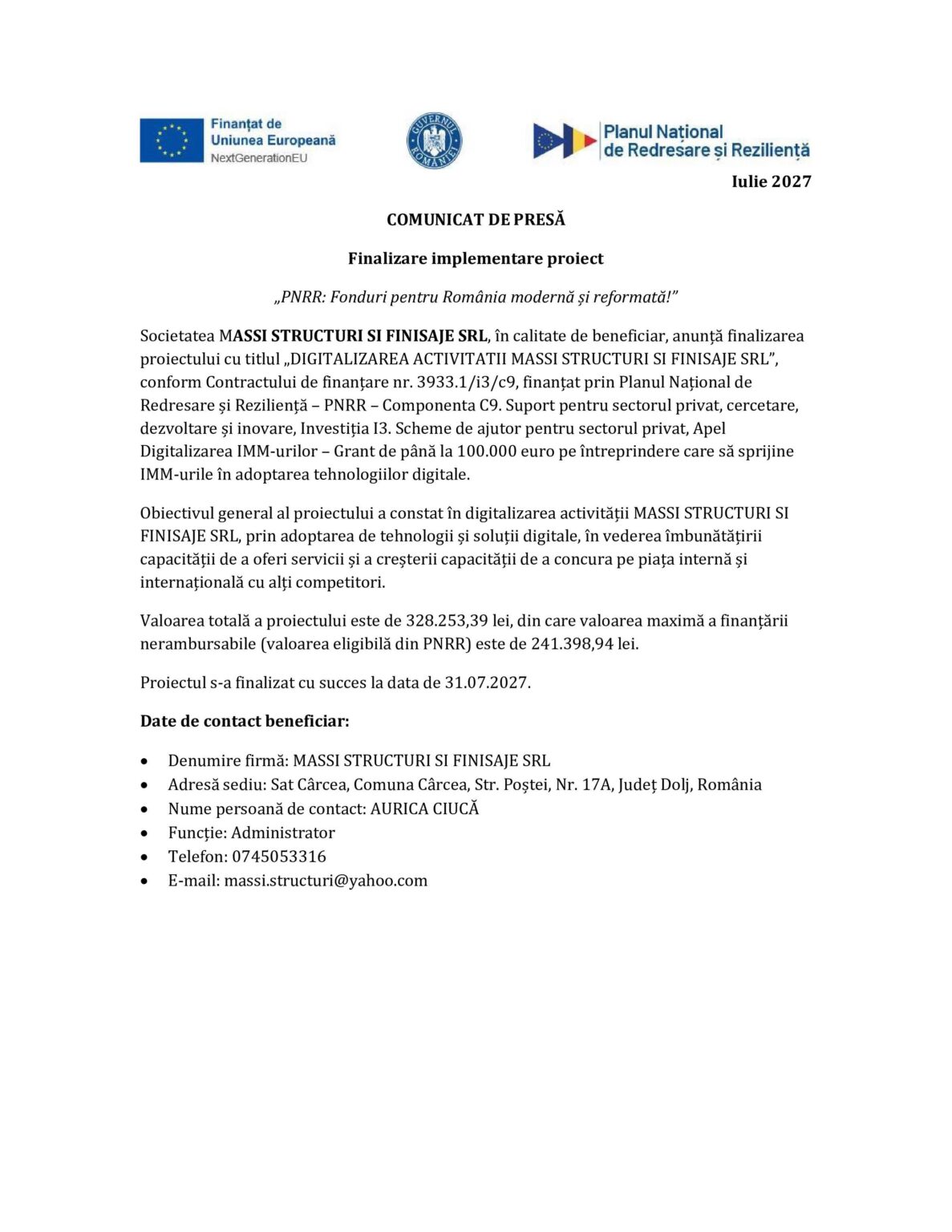 Press release document with EU and Romanian logos, titled 'COMUNICAT DE PRESĂ' announcing project completion.