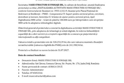 Press release document with EU and Romanian logos, titled 'COMUNICAT DE PRESĂ' announcing project completion.