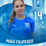 Portrait of Maia Filipescu in a blue jersey, with a Craiova crest and the number 14 in a blue promotional banner.