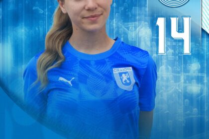 Portrait of Maia Filipescu in a blue jersey, with a Craiova crest and the number 14 in a blue promotional banner.