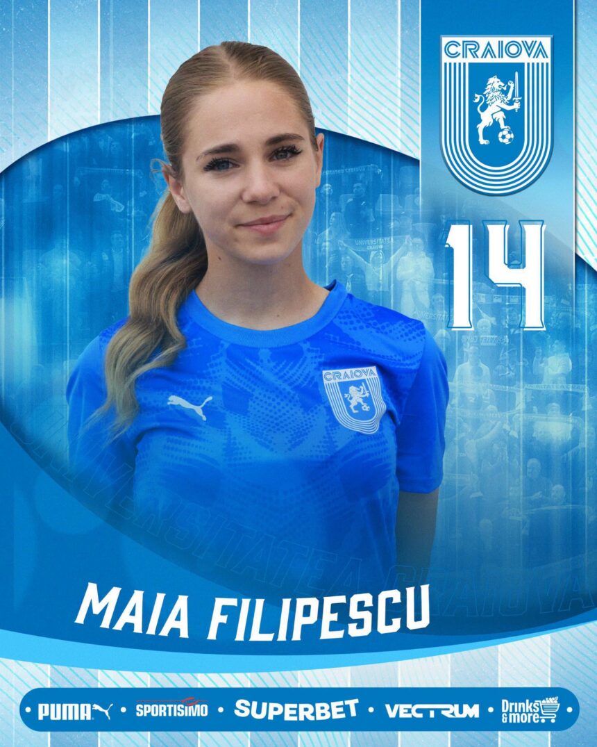 Portrait of Maia Filipescu in a blue jersey, with a Craiova crest and the number 14 in a blue promotional banner.