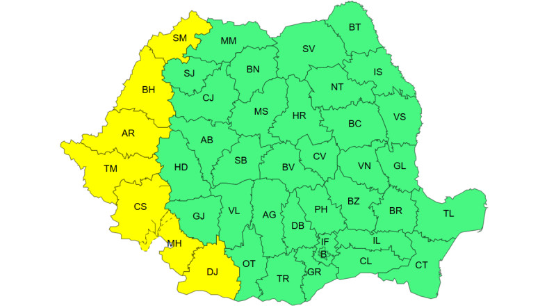ANM: Oltenia, între caniculă și furtuni puternice - Jurnalul Olteniei – Știri din Craiova și Oltenia Map of Romania showing counties with abbreviations; green counties dominate, yellow counties appear in the west and southwest, outlining county borders.