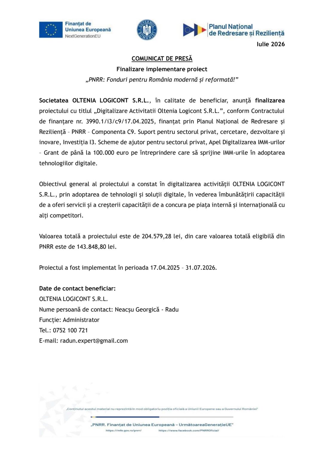 Official Romanian press release header with EU logos and document title about the PNRR funding (July 2026).