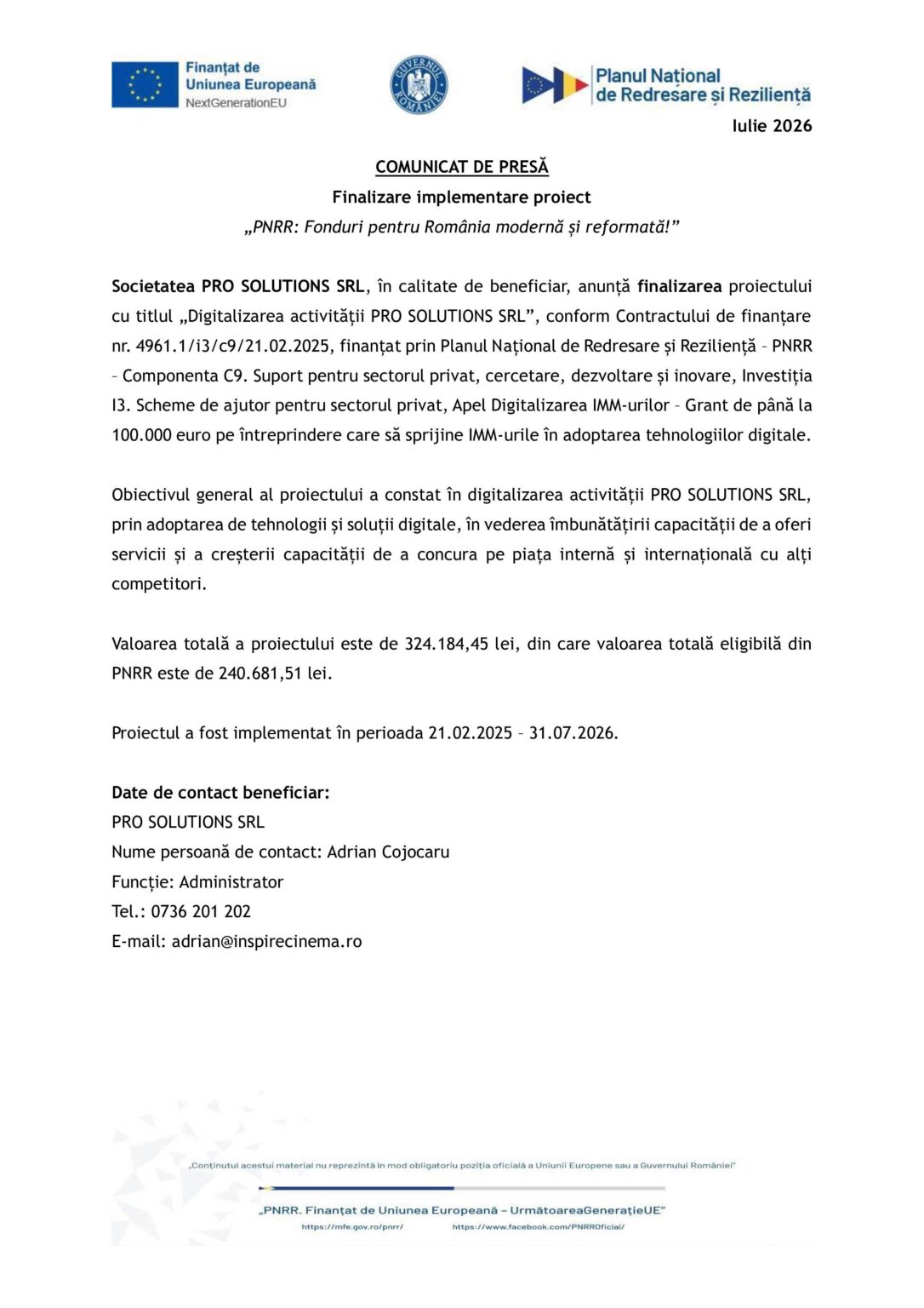 PRO_SOLUTIONS_comunicat_finalizare - Jurnalul Olteniei – Știri din Craiova și Oltenia Romanian press release document with EU and government logos at top, header 'COMUNICAT DE PRESĂ', about finalizarea proiectului (July 2026).
