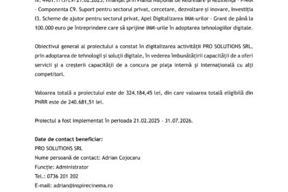 Romanian press release document with EU and government logos at top, header 'COMUNICAT DE PRESĂ', about finalizarea proiectului (July 2026).