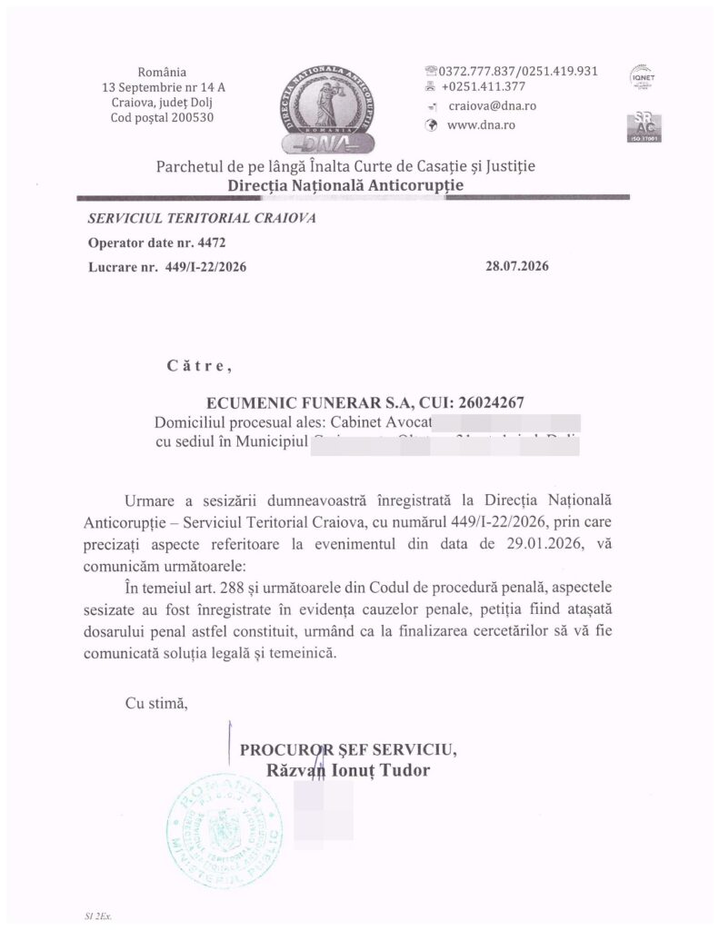 Parchetul de pe langa ICCJ_ECUMENIC_page-0001 - Jurnalul Olteniei – Știri din Craiova și Oltenia Official letterhead from Romania's National Anticorruption Directorate (Direcția Națională Anticorupție), Craiova territorial service, dated 28.07.2026, addressed to ECUMENIC FUNERAR S.A., with seals and blurred client details.