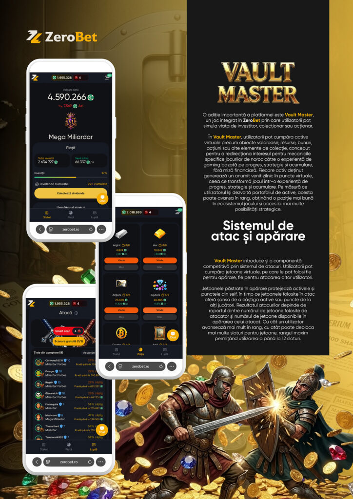ZeroBet - Presă - Jurnalul Olteniei – Știri din Craiova și Oltenia Promo collage: smartphone screens of the ZeroBet app on the left and a Vault Master description panel on the right with gold coins in the background.