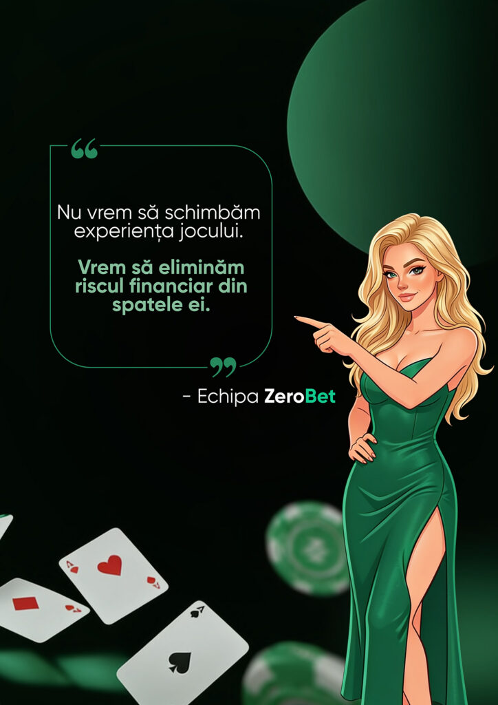 ZeroBet - Presă - Jurnalul Olteniei – Știri din Craiova și Oltenia Cartoon woman in a green dress points to a Romanian quote about eliminating financial risk in gambling; signature 'Echipa ZeroBet'.